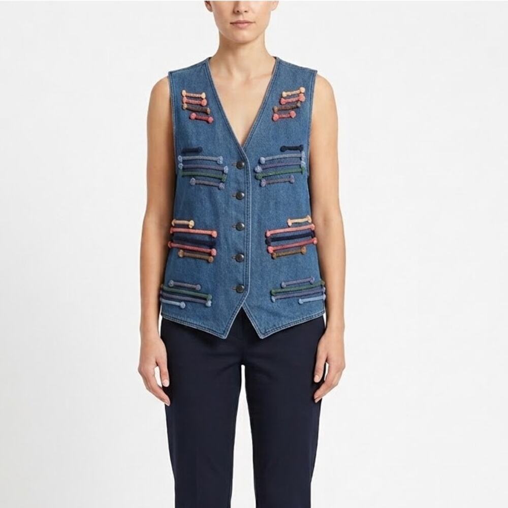 Vintage Susan Bristol Casual Women's Blue yarn Jean Vest Colorful Sleeveless